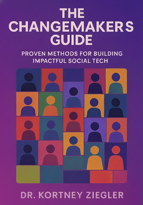 Cover of the book titled 'The Changemakers Guide: Proven Methods for Building Impactful Social Tech'. The cover graphic is a 5x5 grid of colored squares with simple 'person' icons in each.
