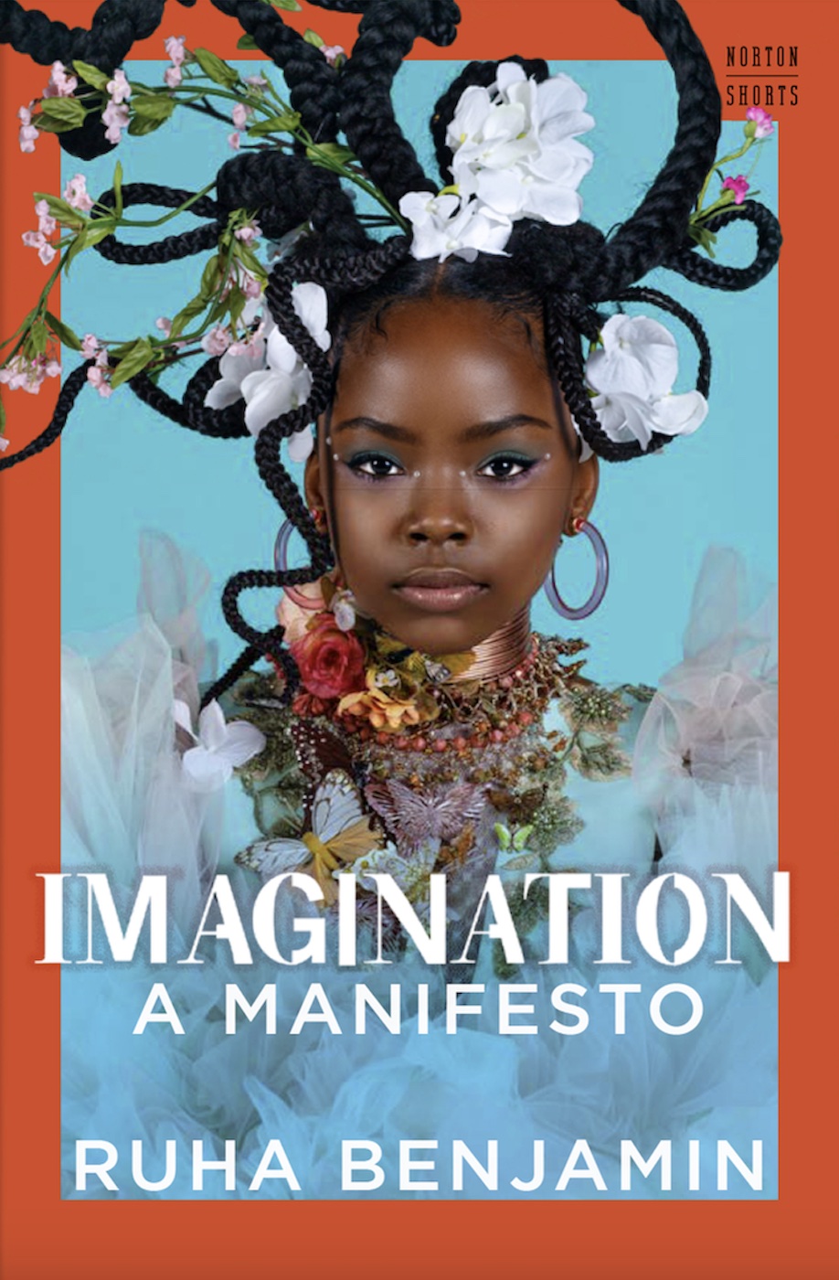Cover of the book titled 'Imagination: A Manifesto'. The cover art features a young Black girl with loops of braided hair, in a swirl of white flowers, looking serenely at the viewer. 